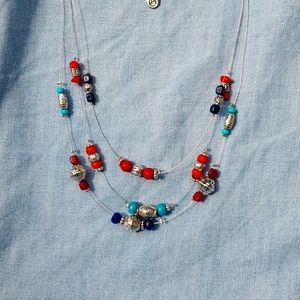 Turquoise, blue, brown and silver beaded wire necklace